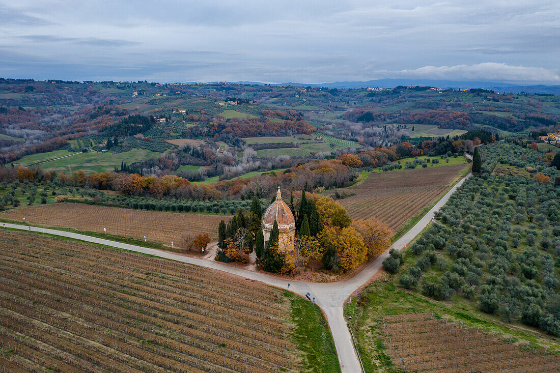 Chapel of San Michele Arcangelo in Semifonte, drone aerial view at sunset, Semifonte, Chianti, Tuscany, Italy, Europe