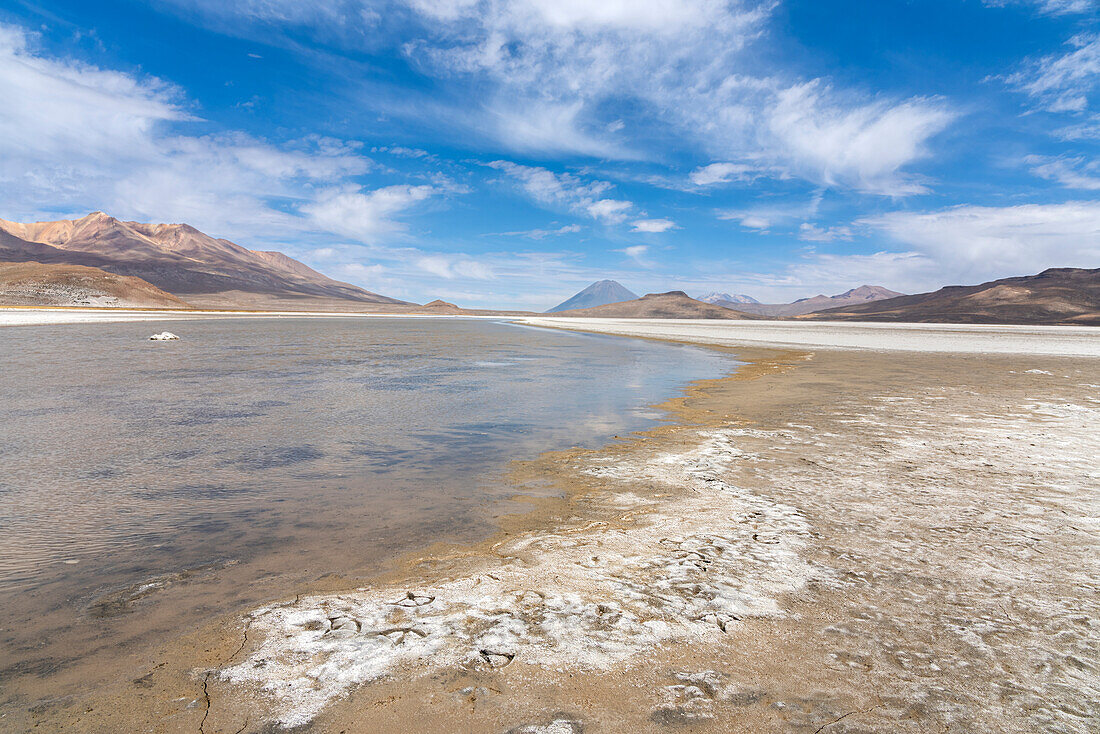 Die Vulkane El Misti und Chachani von den Salinen des Nationalparks Salinas y Aguada Blanca aus gesehen,Region Arequipa,Peru,Südamerika