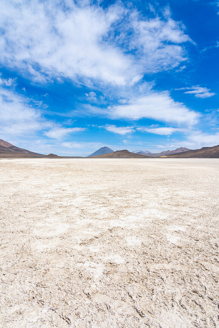 El Misti and Chachani volcanoes seen from salt flats of Salinas y Aguada Blanca National Reserve, Arequipa Region, Peru, South America