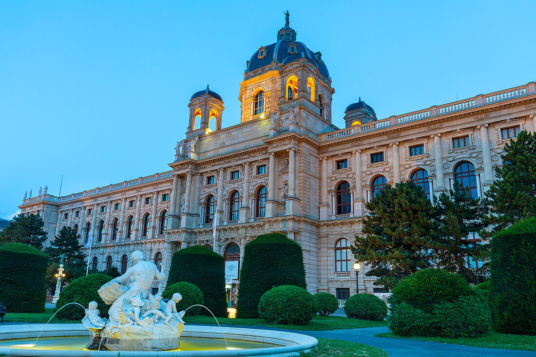 Sculpted fountain in front of Kunsthistorisches Museum (Art History Museum), at dusk, UNESCO World Heritage Site, Museum Quarter, Vienna, Austria, Europe