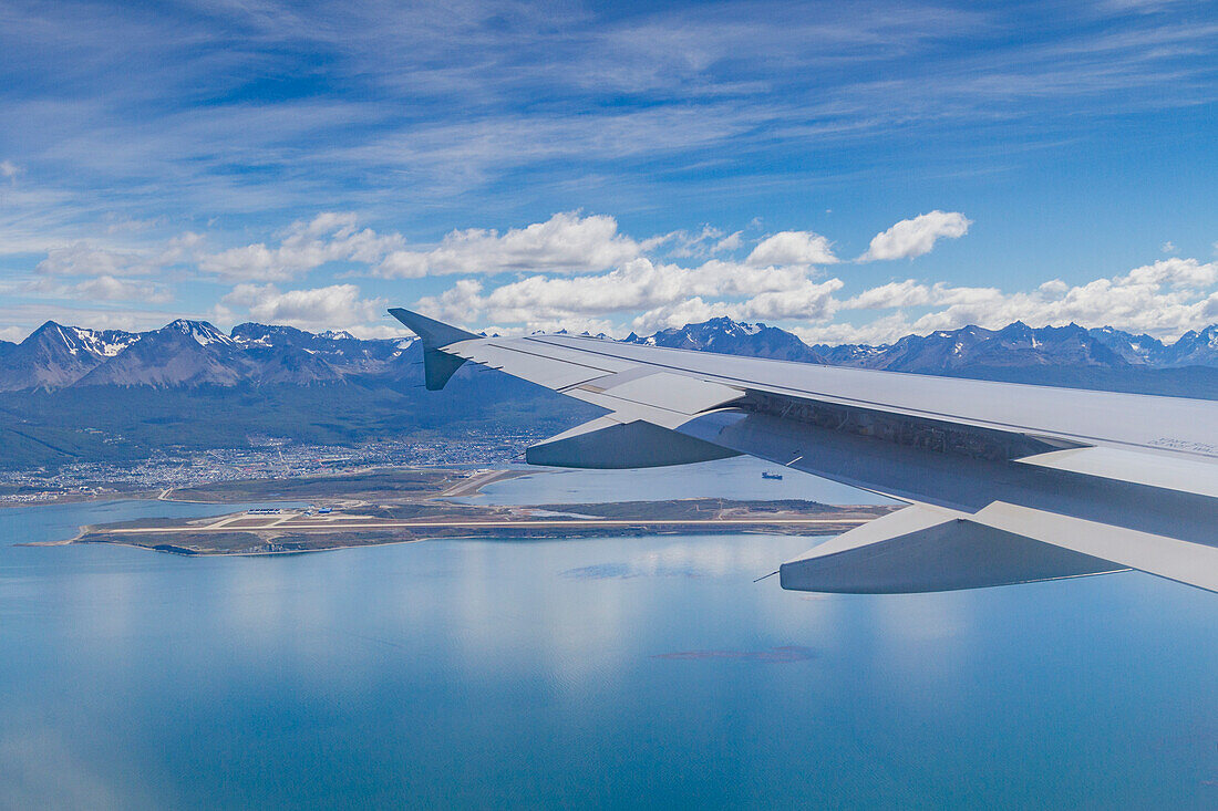 Aerial View of the Beagle Channel and the town of Ushuaia, Argentina, South America