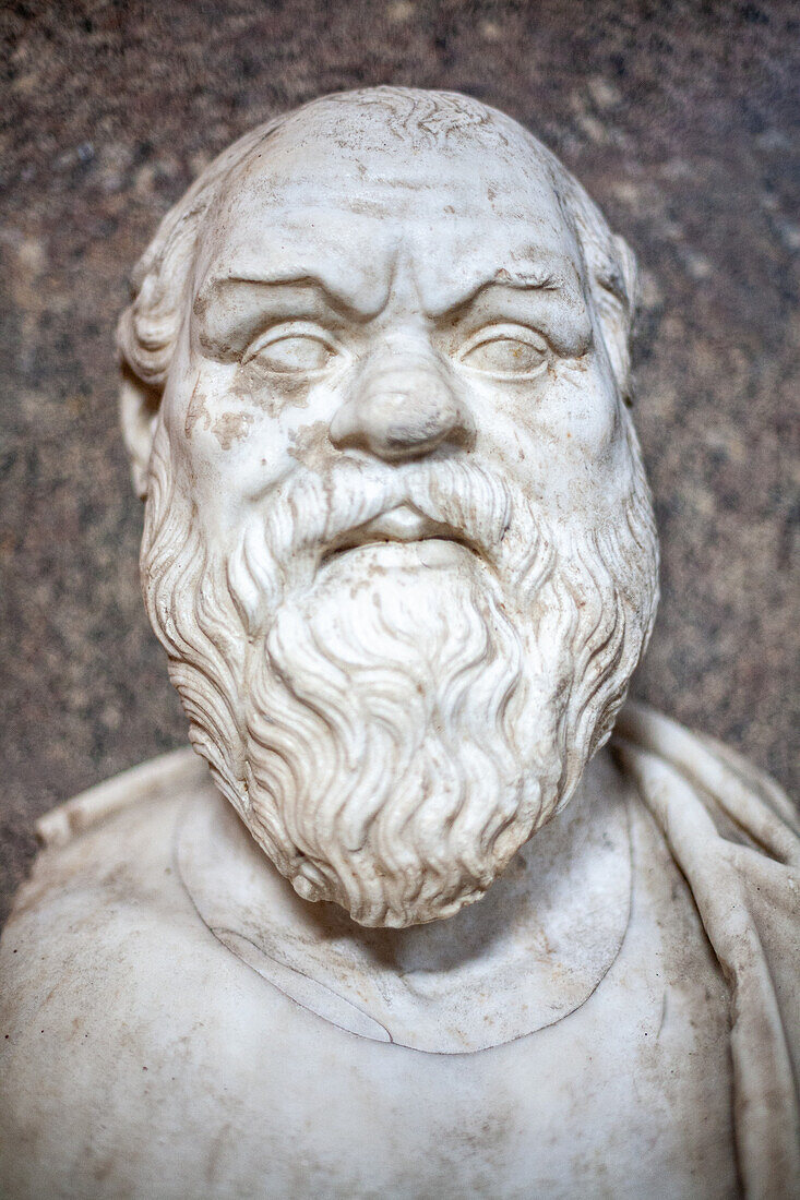 Rome, Italy, July 22 2017, A detailed marble bust of Socrates, showcasing his distinct features, located in the Vatican Museums, Rome, Italy.