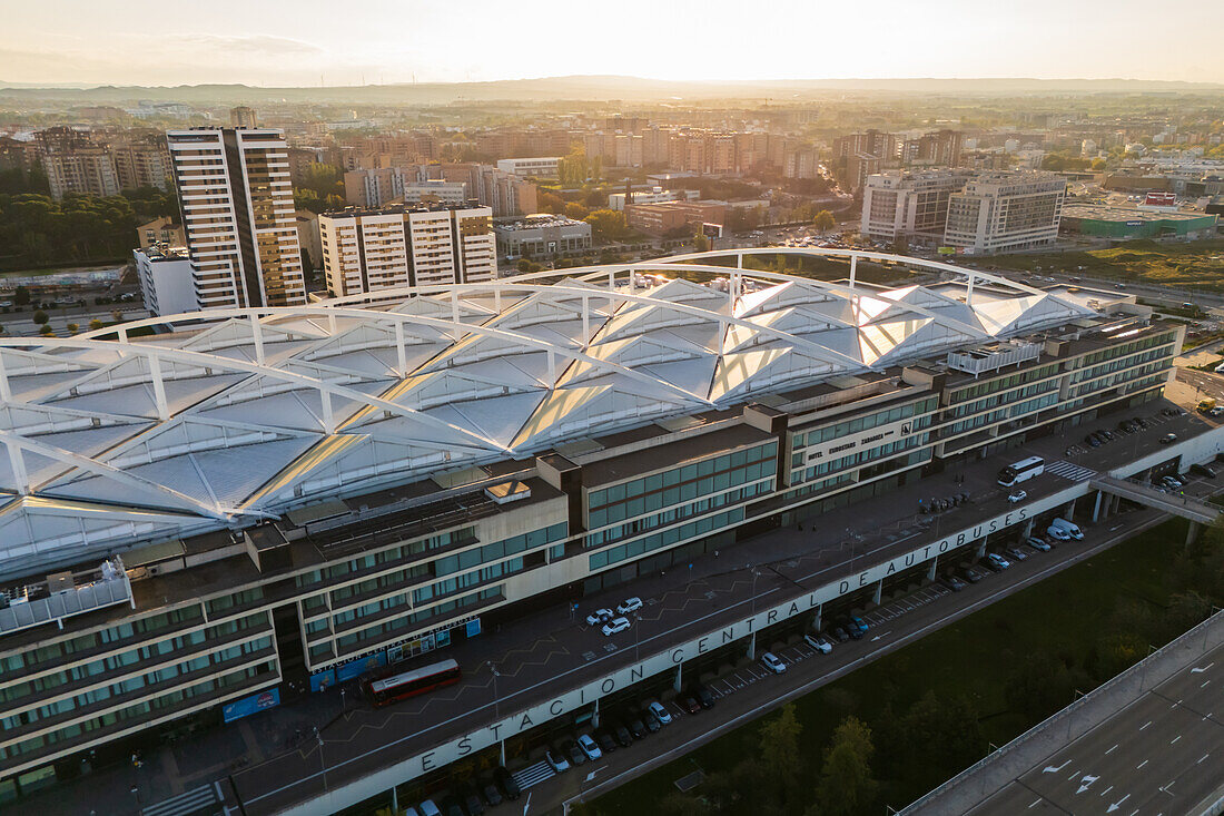 Aerial view of Zaragoza–Delicias railway and central bus station at sunset