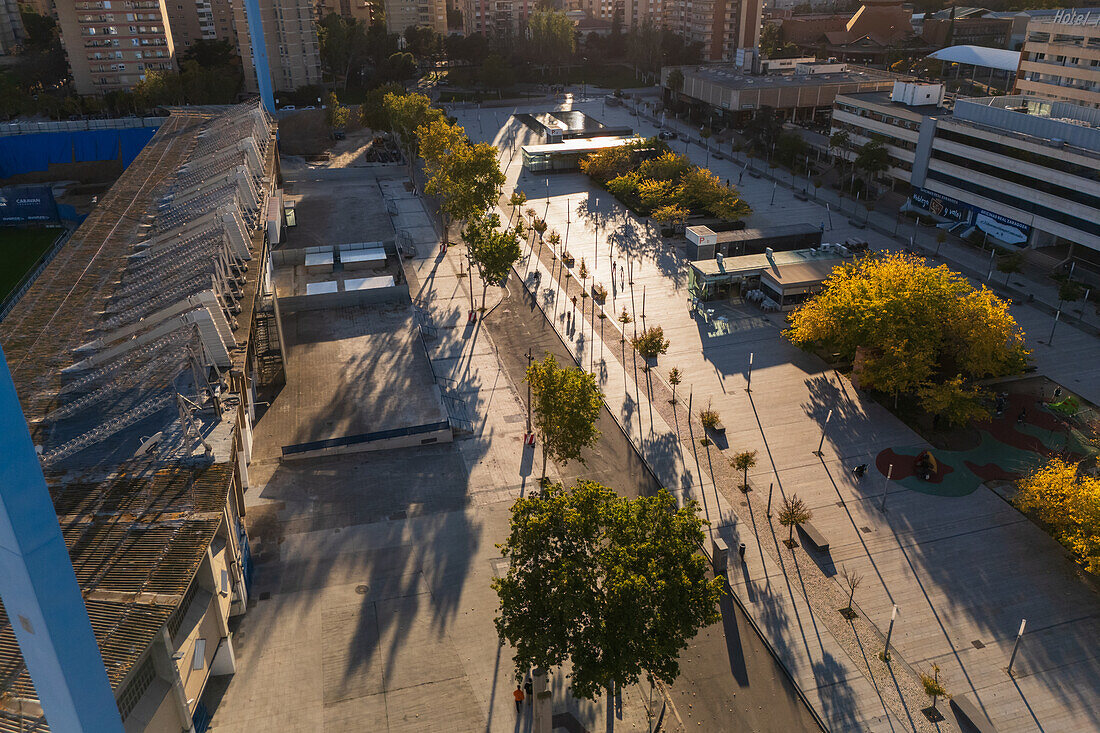 Aerial view of square in La Romareda at sunset