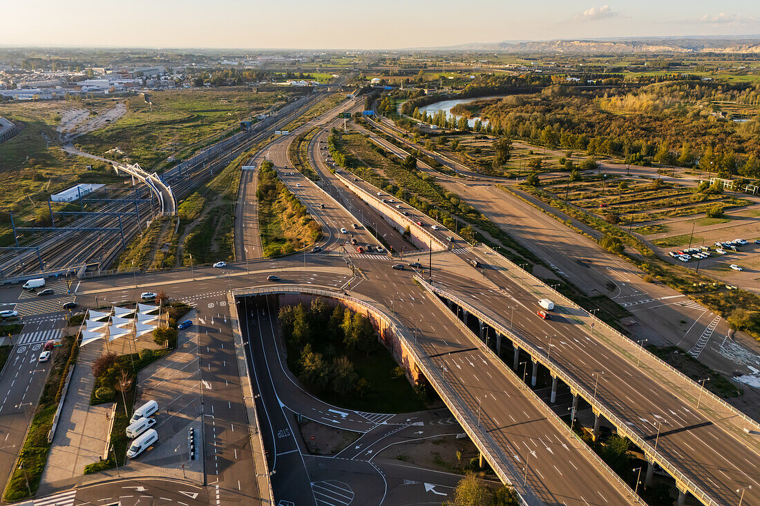 Aerial view of roads and traffic in Zaragoza