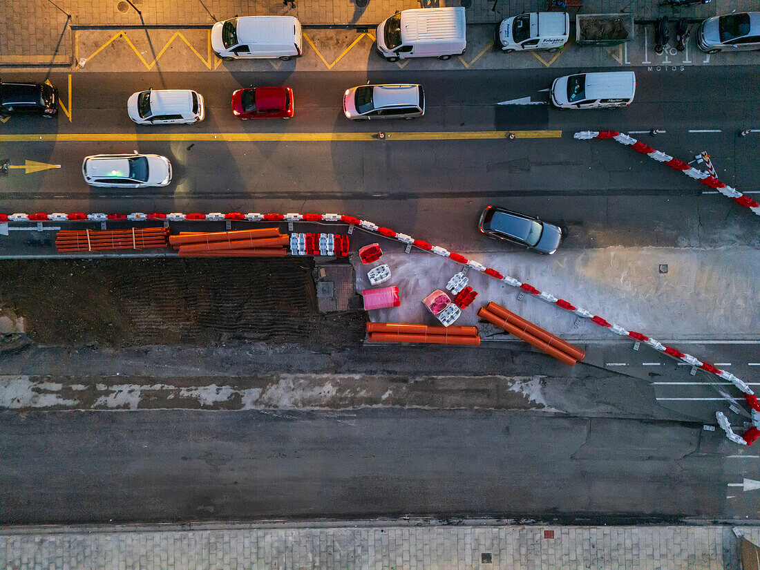 Aerial view of construction works in a city road of Zaragoza, Spain