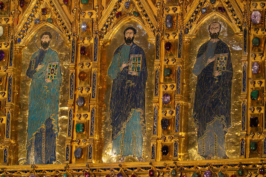 The Pala d'Oro or Golden Panel is an alterpiece in St. Mark's Basilica, Venice, Italy. Made of gold, cloissonne and jewels. Commisioned in 976 A.D. and finally completed in its present form in 1345 A.D.