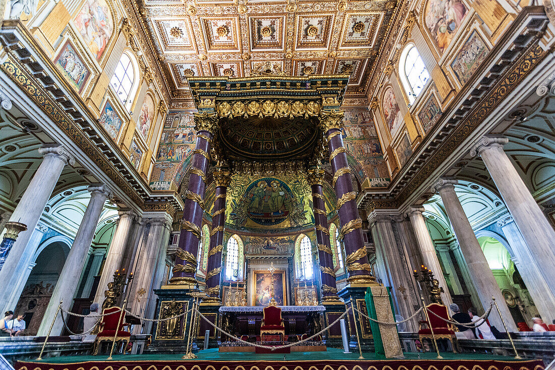 Rome, Italy, July 22 2017, Santa Maria Maggiore basilica's ornate interior and beautiful baldachin in Rome, Italy.