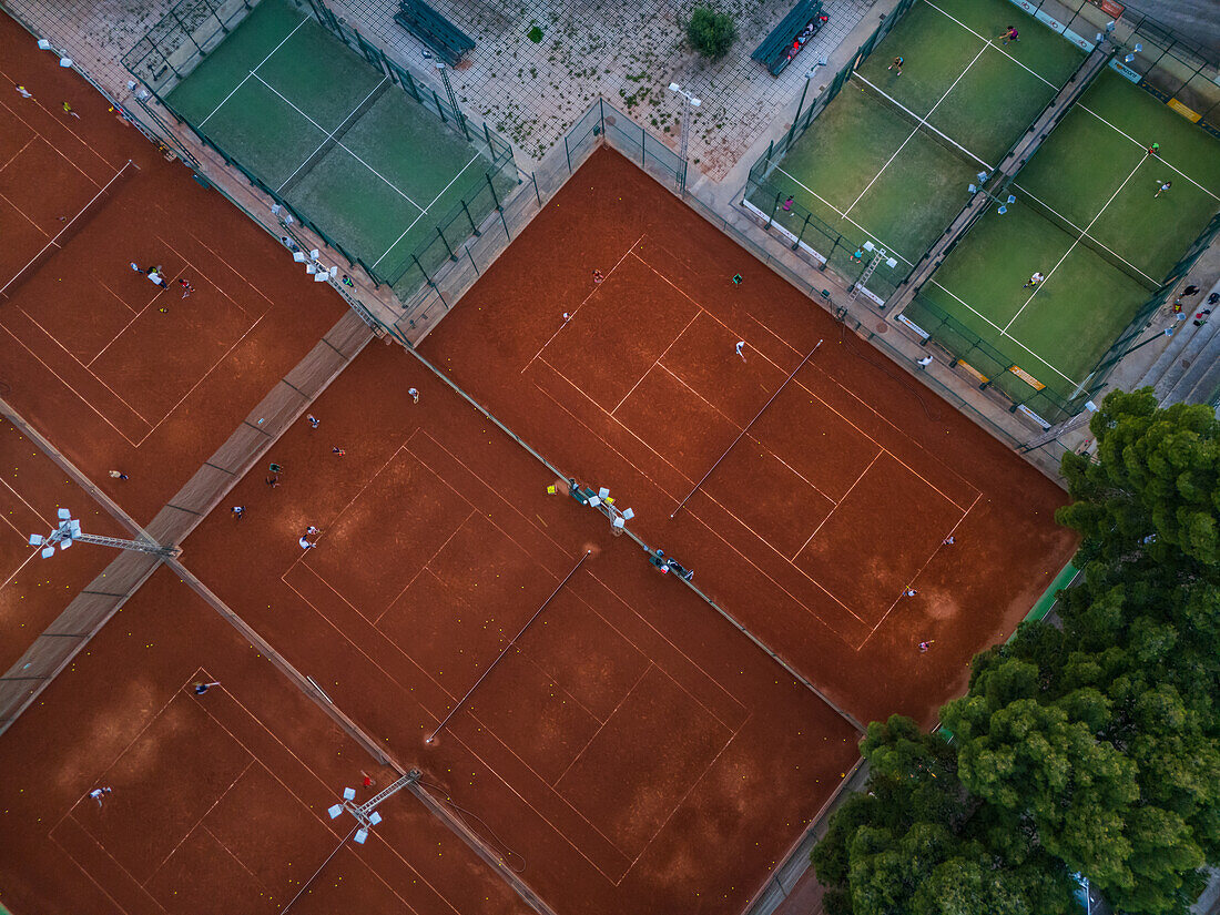 Aerial view of various courts in tennis and paddle club