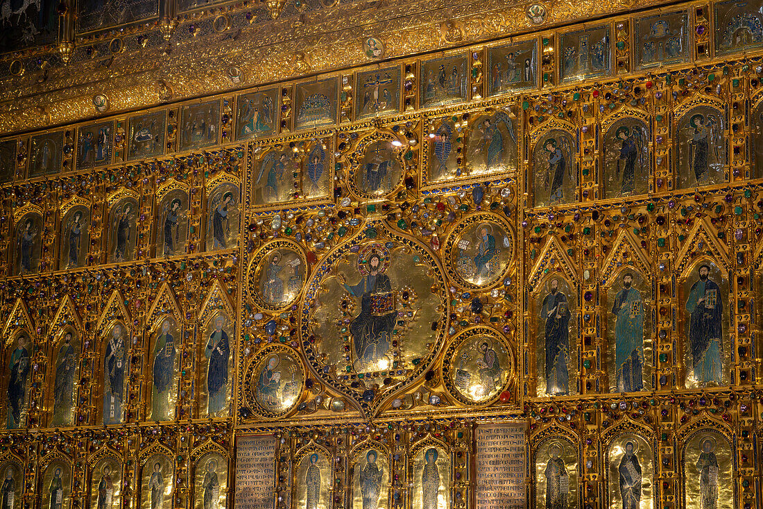 The Pala d'Oro or Golden Panel is an alterpiece in St. Mark's Basilica, Venice, Italy. Made of gold, cloissonne and jewels. Commisioned in 976 A.D. and finally completed in its present form in 1345 A.D.