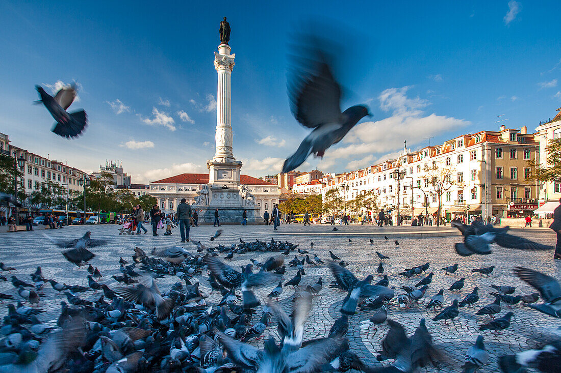 Lisbon, Portugal, March 1 2007, A vibrant flock of pigeons rises into the air in Rossio Square, as visitors enjoy the lively atmosphere and beautiful surroundings.