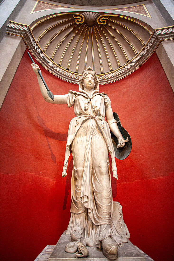 Rome, Italy, July 22 2017, The statue of Juno Sospita depicts the goddess with a goat-skin, spear, and shield in the Vatican Museums in Rome, Italy.