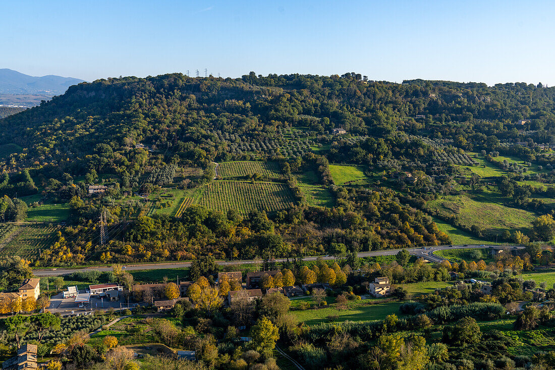 Blick auf Olivenhaine und Weinberge in der umbrischen Landschaft von der auf einem Hügel gelegenen Stadt Orvieto,Italien.