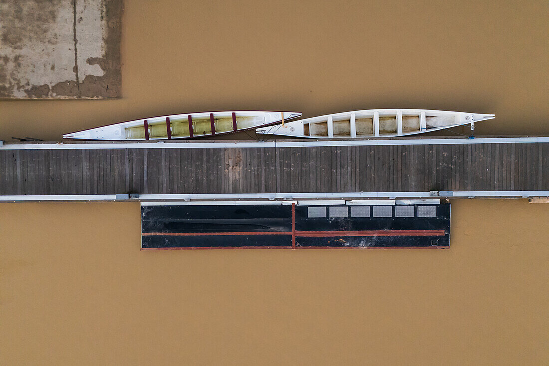 Aerial view of Vadorrey Pier and Kayak club on the Ebro River, abundant due to the recent Dana, Zaragoza, Spain