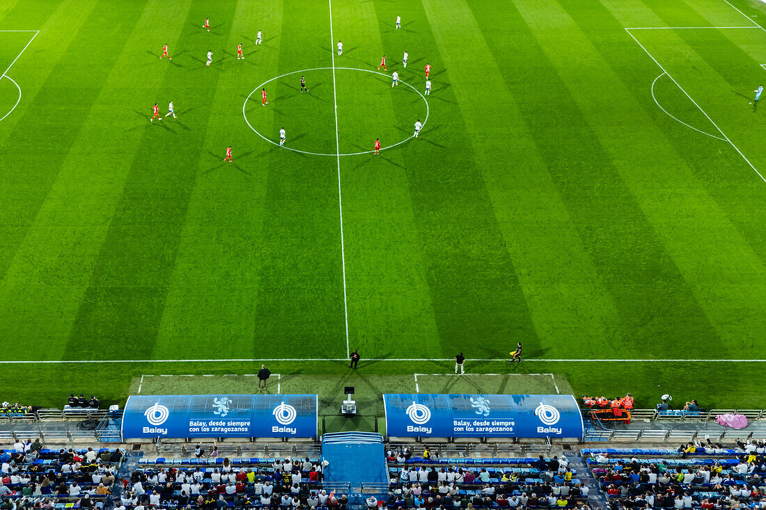 Aerial view of the Romareda soccer stadium during a Real Zaragoza match against UD Almeria