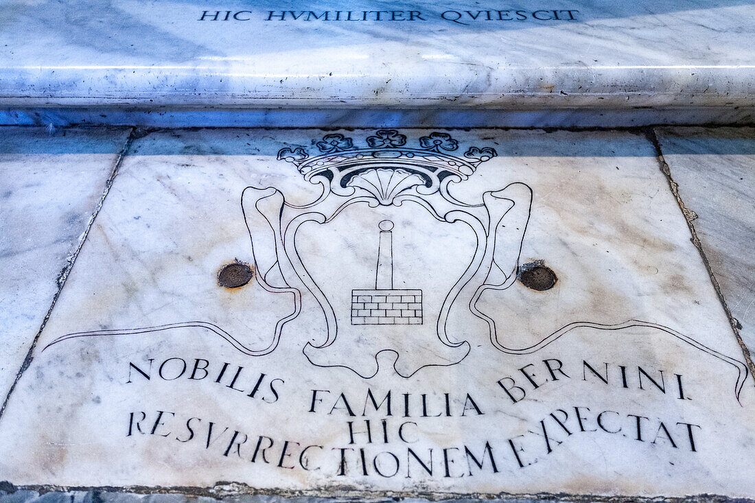 Rome, Italy, July 22 2017, The tombstone of the Bernini family features intricate inscriptions at the Santa Maria Maggiore basilica in Rome, Italy.