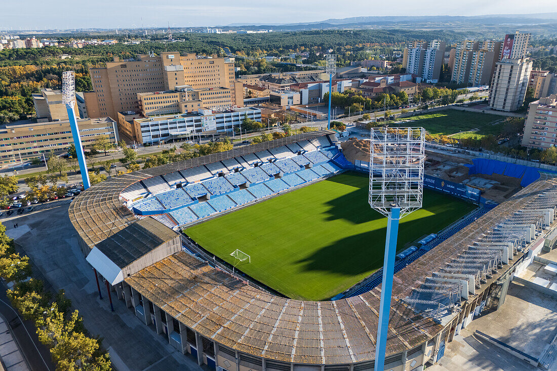 Luftaufnahme des Stadions La Romareda,das derzeit renoviert wird,Zaragoza,Spanien