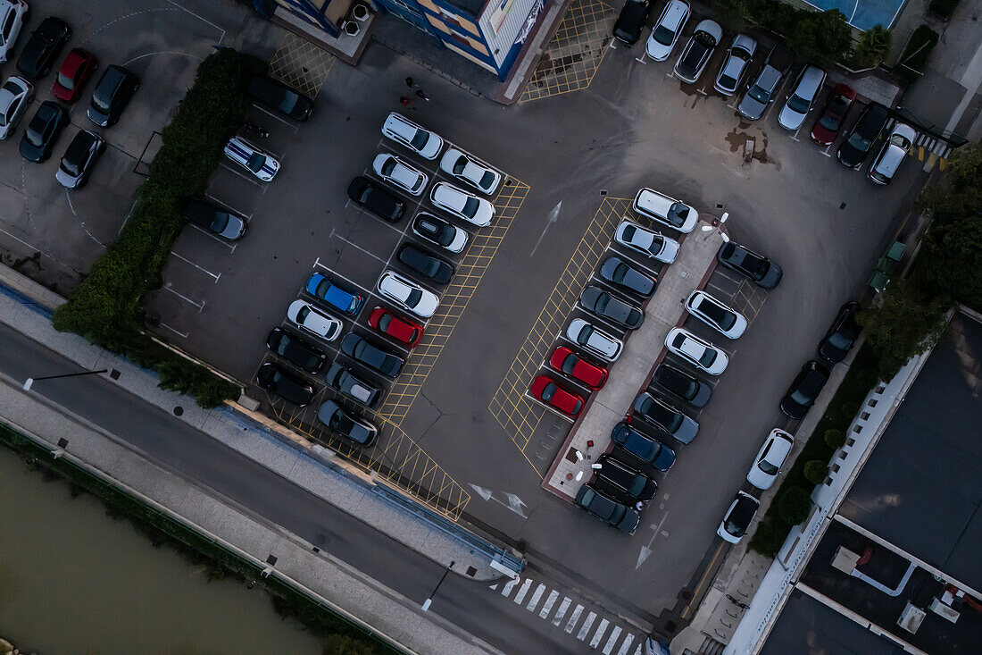 Aerial view of an urban school parking lot