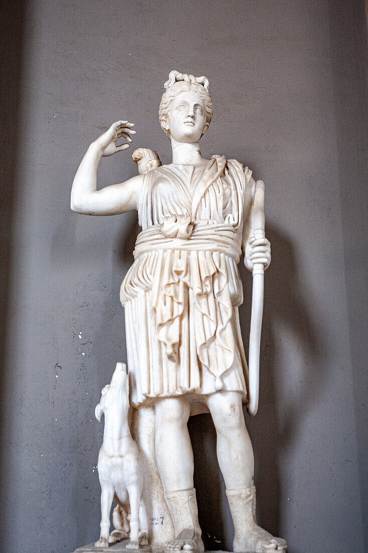 Rome, Italy, July 22 2017, A detailed sculpture of Artemis stands elegantly in the Vatican Museums, embodying ancient Roman artistry in a historical setting.