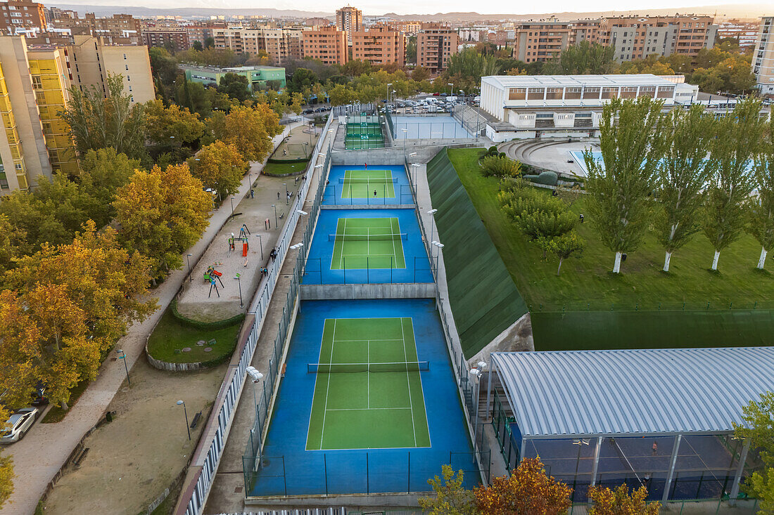 Aerial view of tennis courts in club