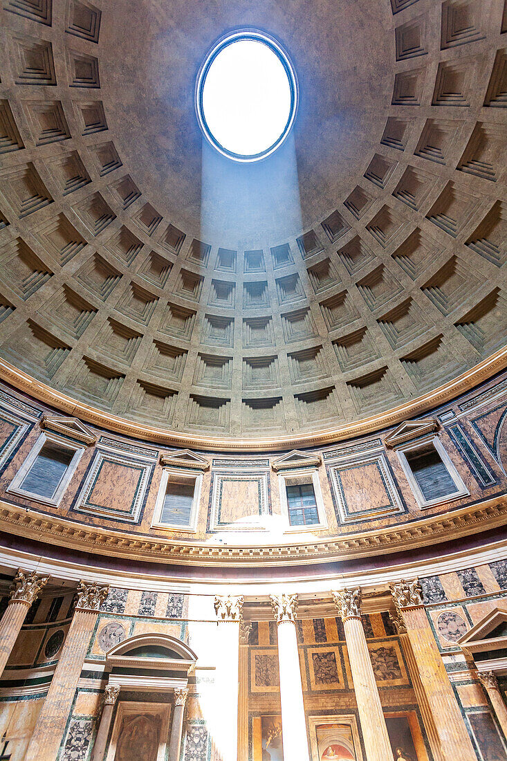 Rome, Italy, July 2017, The breathtaking oculus of the Pantheon dome illuminates the interior, showcasing ancient Roman architecture and artistry in Rome.