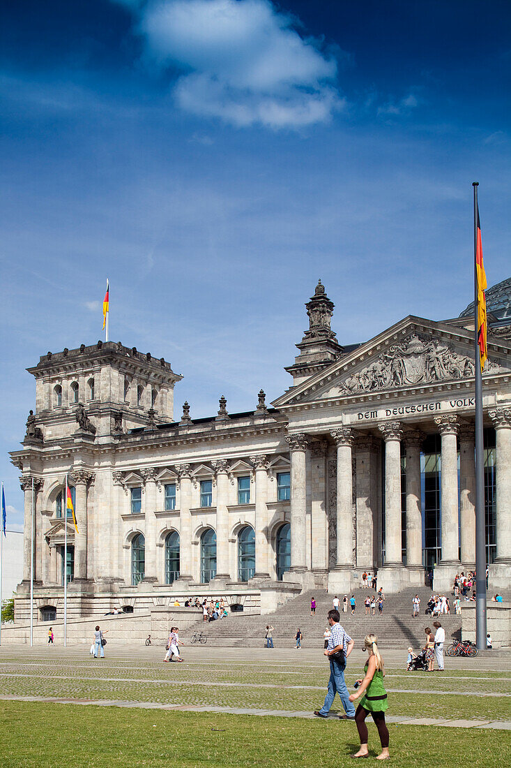 Berlin, Germany, July 29 2009, The impressive Reichstag building showcases its grand columns and intricate facade, attracting visitors in the heart of Berlin.