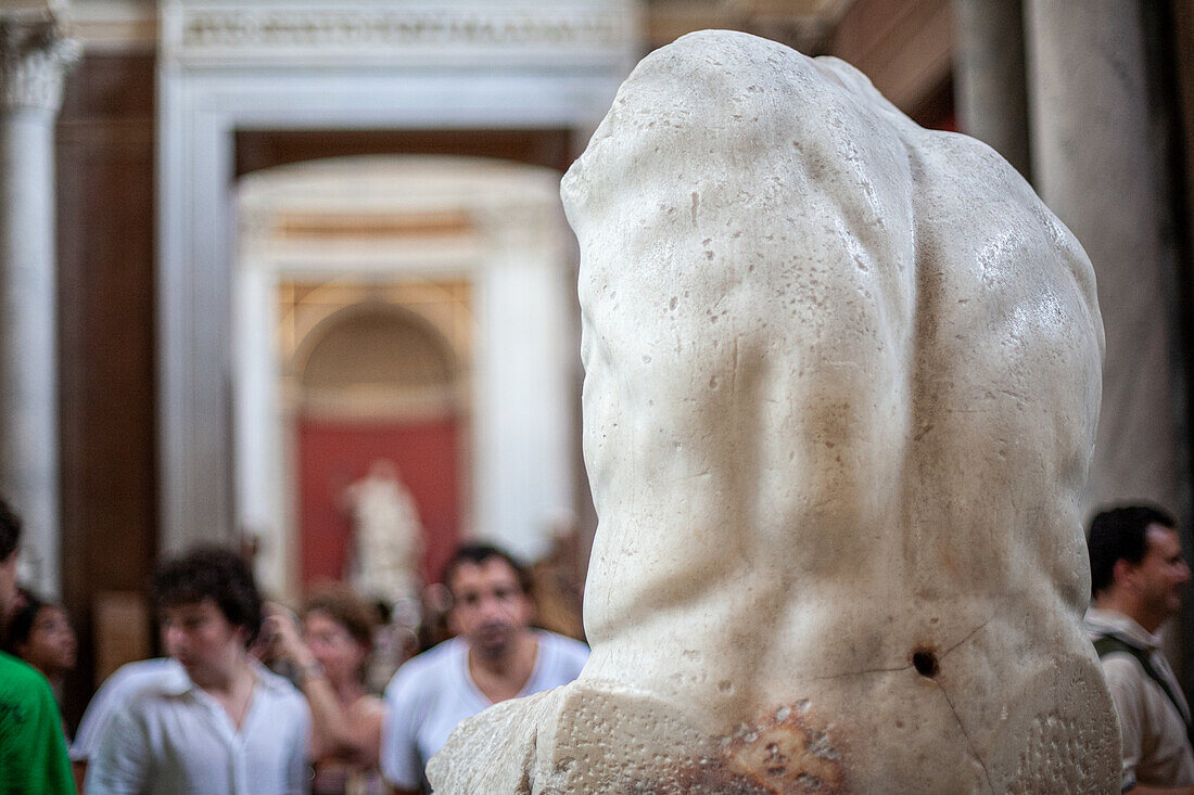 Rome, Italy, July 22 2017, The Belvedere torso stands prominently, capturing attention amidst visiting crowds at the Vatican Museums in Rome.