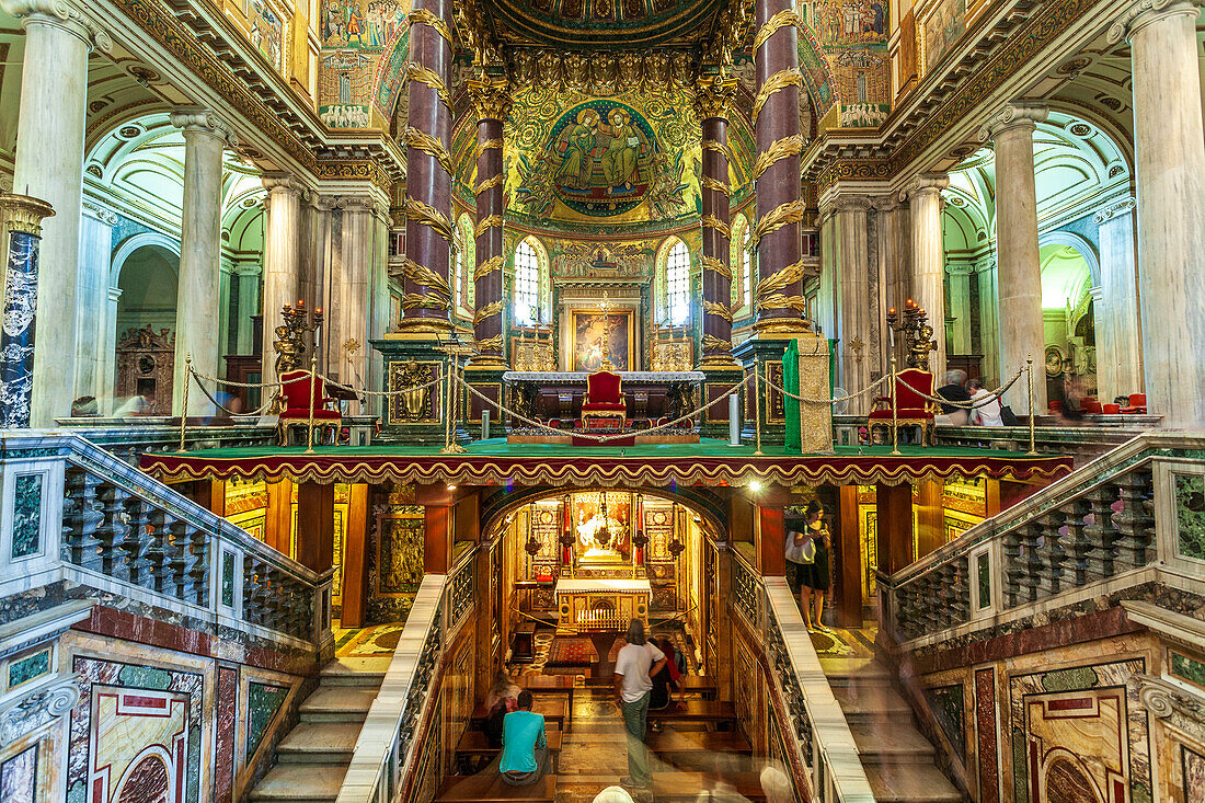 Rome, Italy, July 22 2017, Santa Maria Maggiore: Mosaic by Jacopo Torriti (1295), above, and the Holy Crib (below)