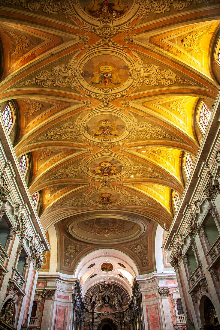 Lisbon, Portugal, March 1 2007, The intricate baroque ceiling of Graca church in Alfama displays stunning fresco paintings and architectural beauty.