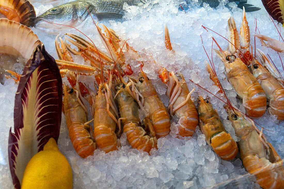 Fresh prawns on ice at a sidewalk cafe in Venice, Italy.