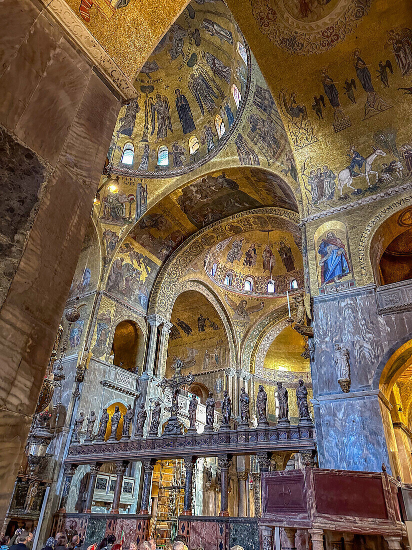 A Gothic altar screen encloses the chancel in St. Mark's Basilica in Venice, Italy.