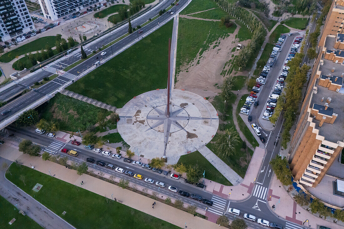 Aerial view of Multicaja-Zaragoza sundial, the largest sundial in the world, Zaragoza, Spain