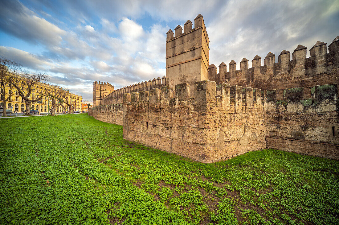 Murallas de la Macarena in Sevilla against a vibrant sky and green grass.