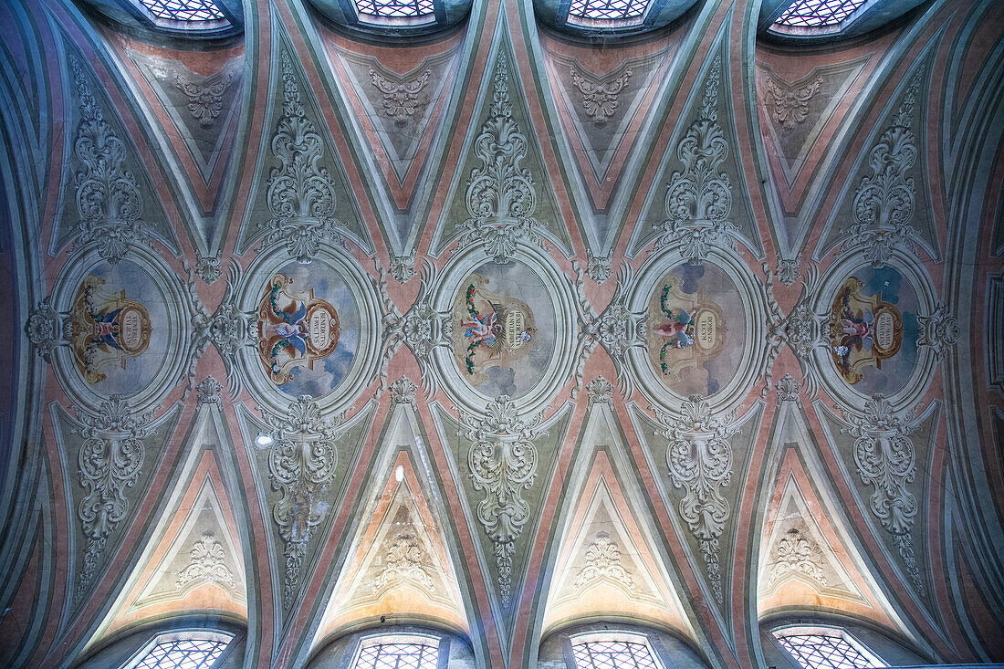 Lisbon, Portugal, March 1 2007, The intricate baroque ceiling of Graca church in Alfama displays stunning fresco paintings and architectural beauty.