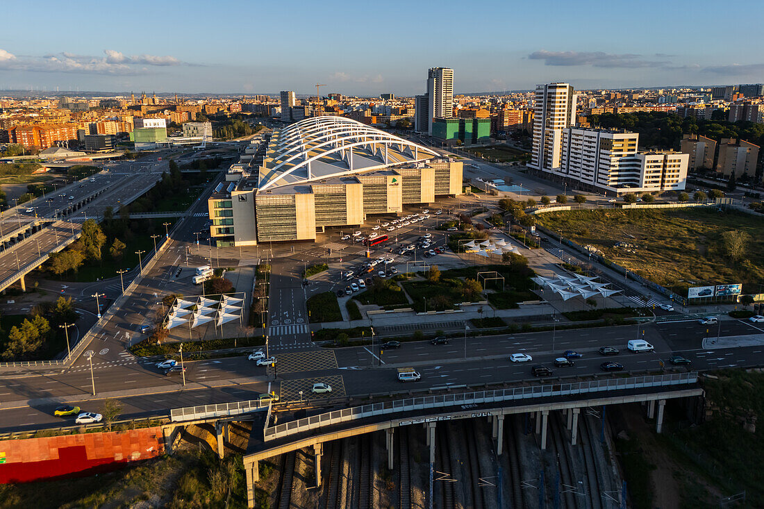 Aerial view of Zaragoza–Delicias railway and central bus station at sunset