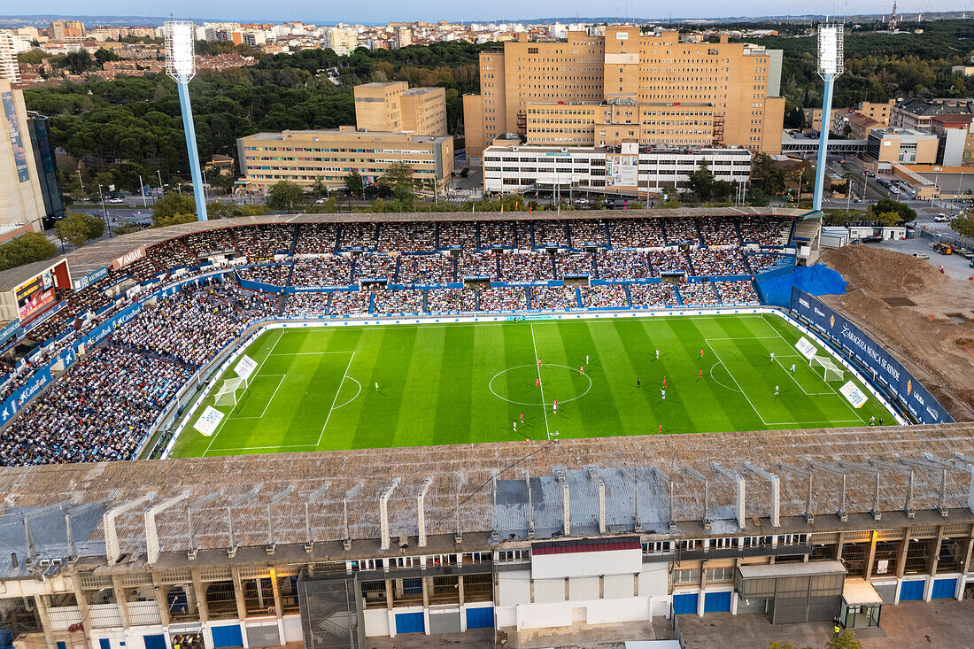 Aerial view of the Romareda soccer stadium during a Real Zaragoza match against UD Almeria