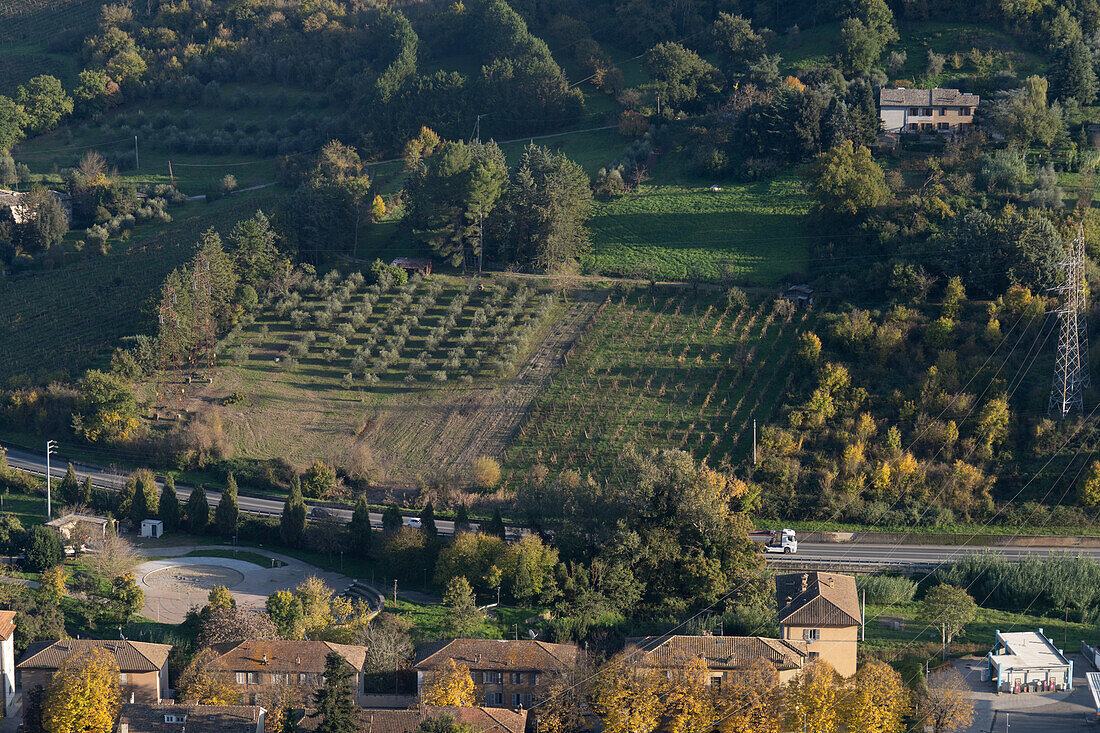 Blick auf Olivenhaine und Weinberge in der umbrischen Landschaft von der auf einem Hügel gelegenen Stadt Orvieto,Italien.