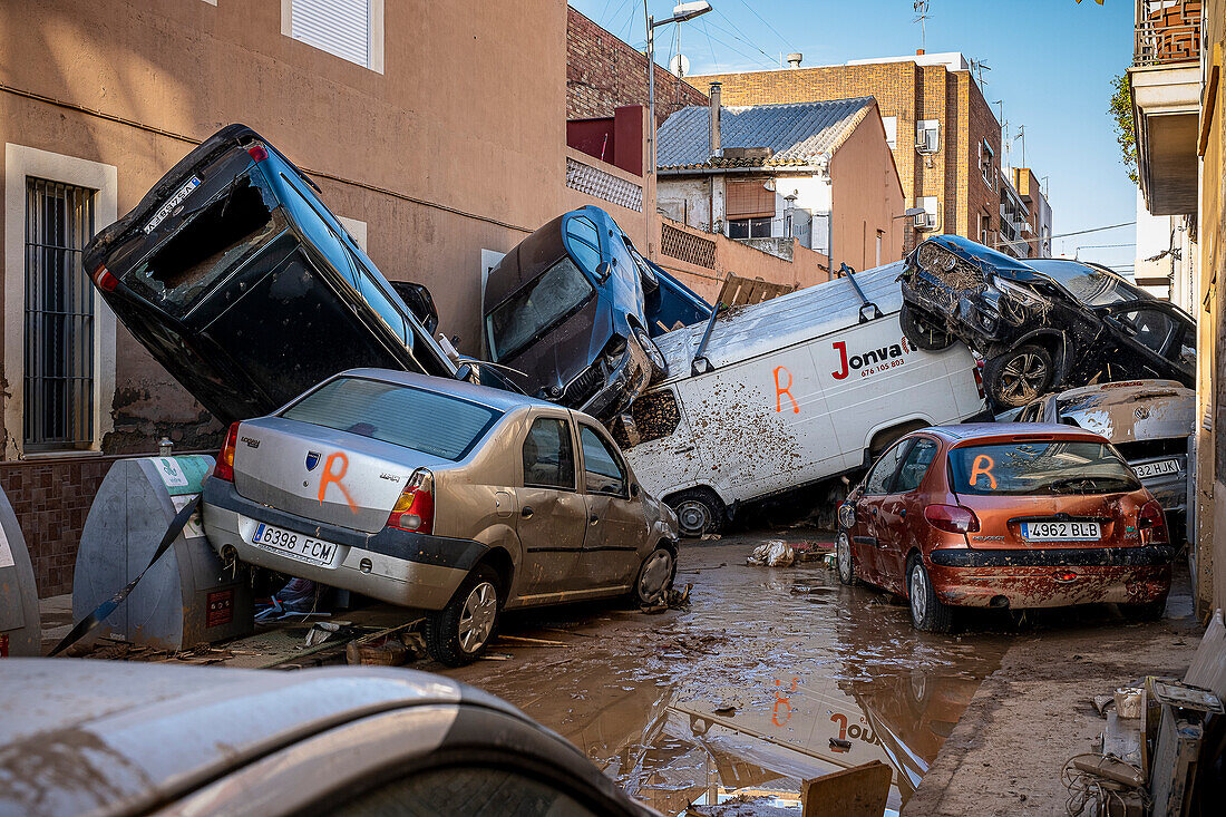 Effects of the DANA floods of October 29, 2024, in Ausias March street, Alfafar, Comunidad de Valencia, Spain