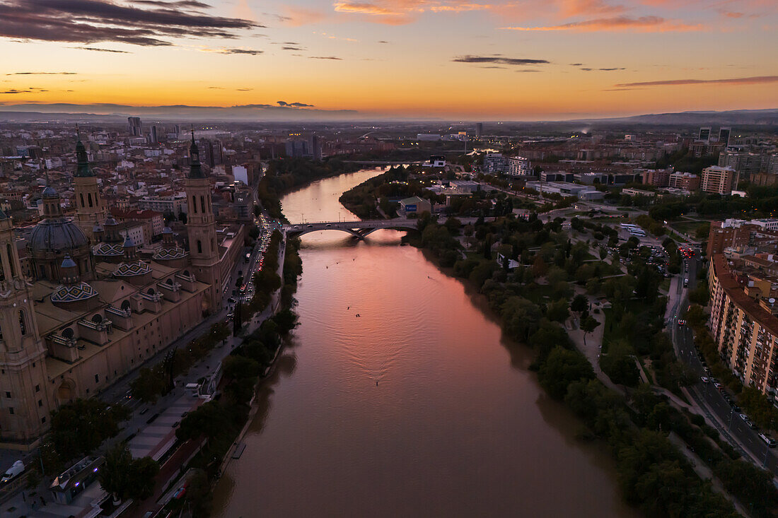 View of the Ebro river at sunset, Zaragoza, Spain