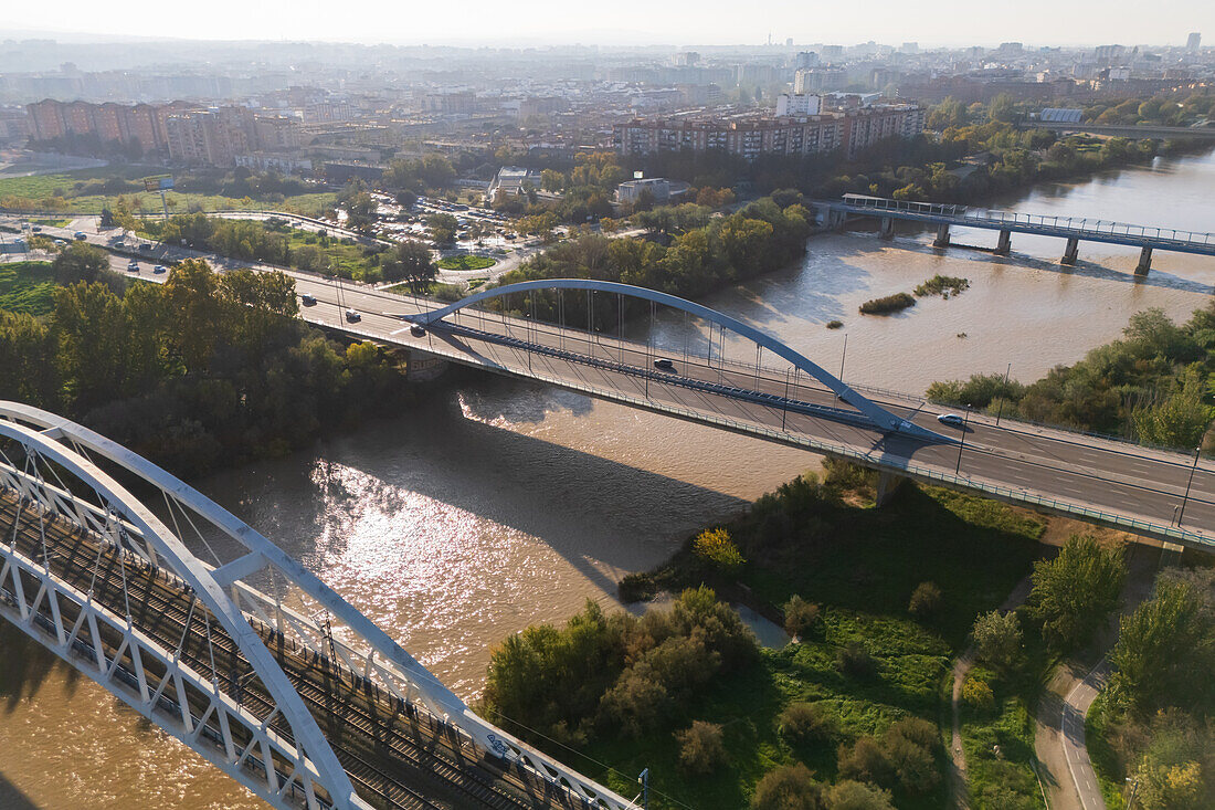 Aerial view of the Railway bridge over the Ebro River, Zaragoza