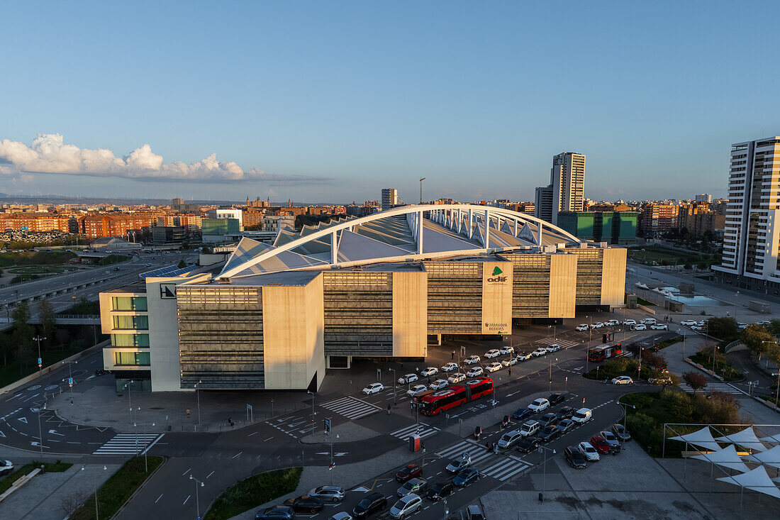 Aerial view of Zaragoza–Delicias railway and central bus station at sunset