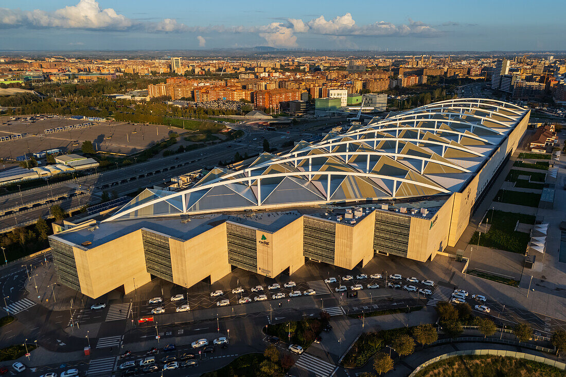 Aerial view of Zaragoza–Delicias railway and central bus station at sunset