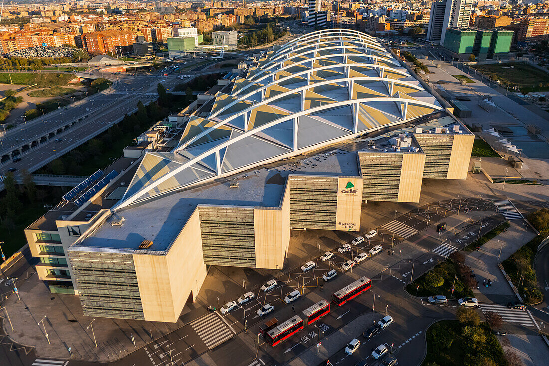 Aerial view of Zaragoza–Delicias railway and central bus station at sunset