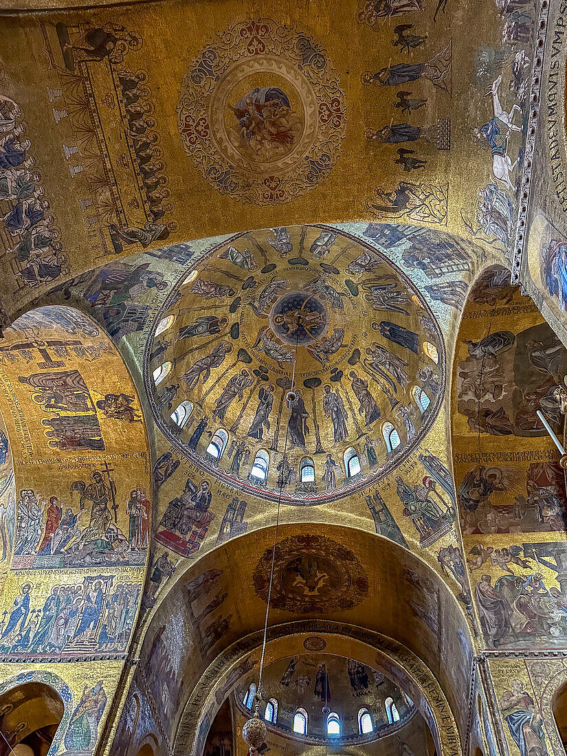 A gold mosaic depicting the Ascension of Christ on the crossing cupola, St. Mark's Basilica, Venice, Italy. Circa 1175-1200 A.D.