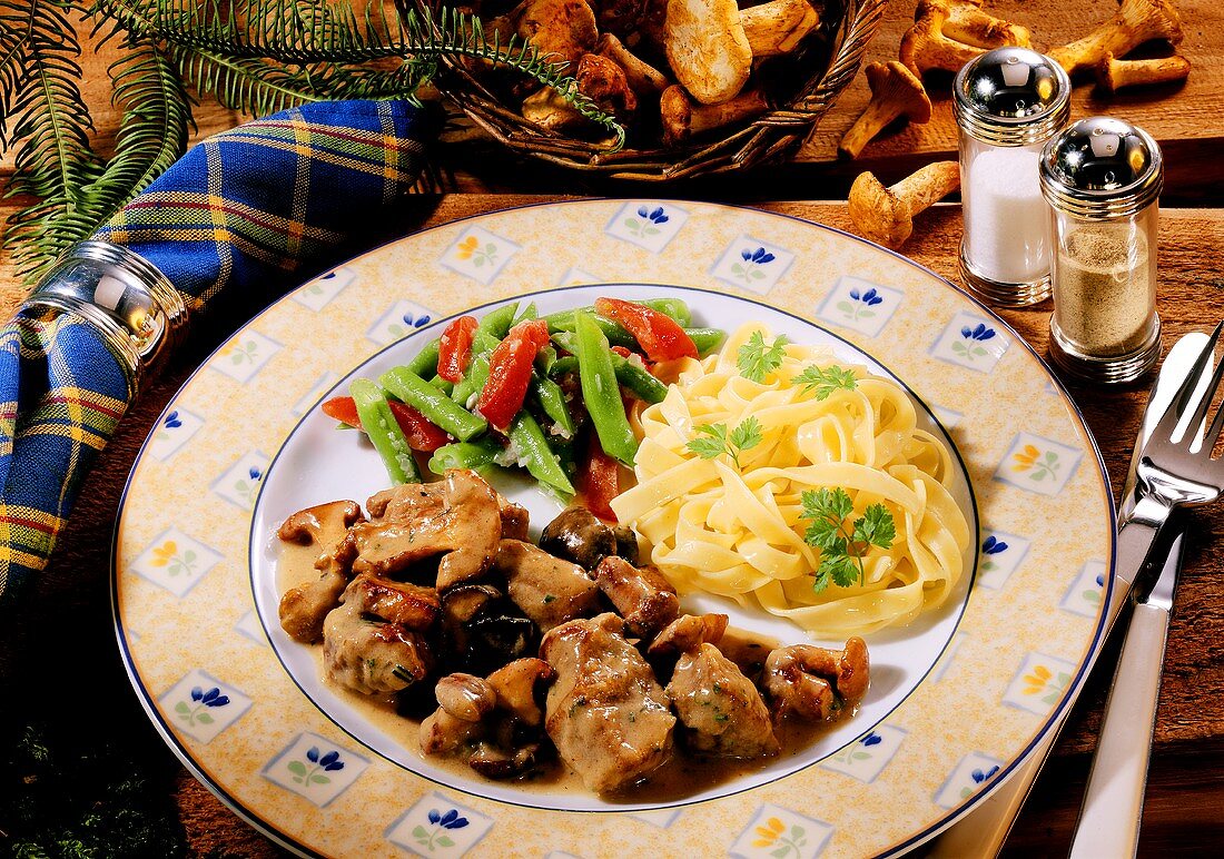 Venison ragout with forest mushrooms, noodles & vegetables