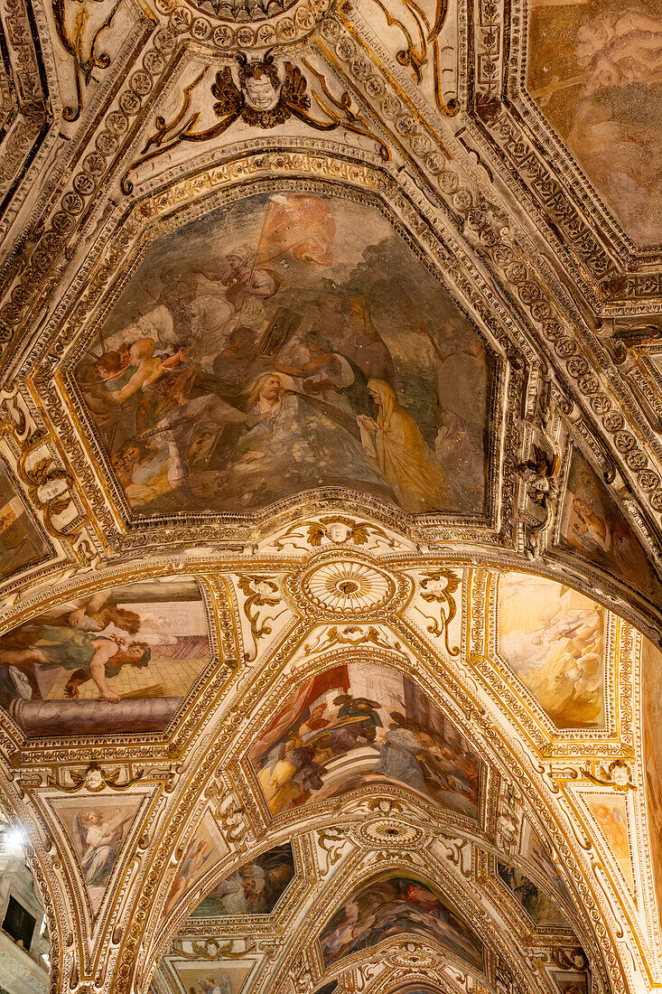 Ornate ceiling of the crypt of Saint Andrew below the Amalfi Duomo or Cathedral, Amalfi, Italy.