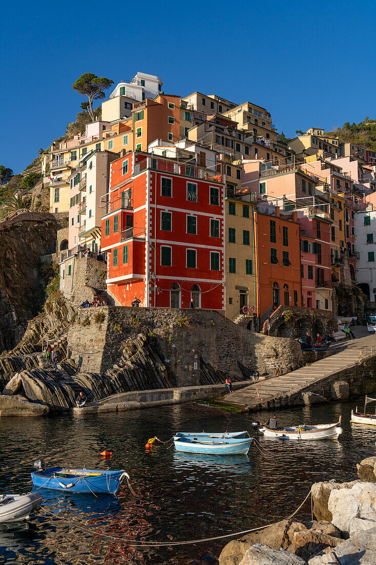 Colorful buildings overlooking the harbor in Riomaggiore, Cinque Terre, Italy.