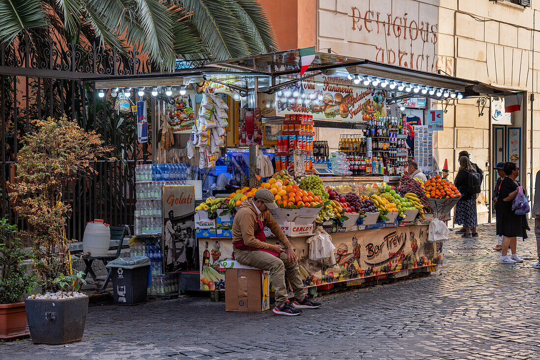 A food vendor on the Via della Stamperia, near the Trevi Fountain in Rome, Italy.