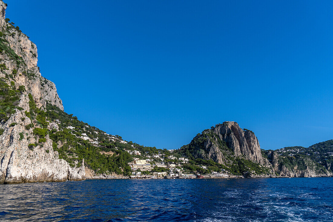 The seaside resort town of Marina Piccola on a hillside by the Tyrrhenian Sea on the island of Capri, Italy.