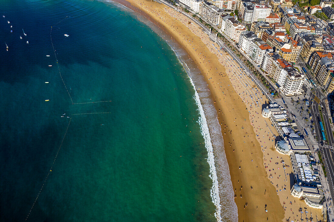 Panoramic view of Playa de la concha beach in San Sebastian or Donostia in Donosti San Sebastian city, north of Spain, Euskadi, Euskaerria, Spain.